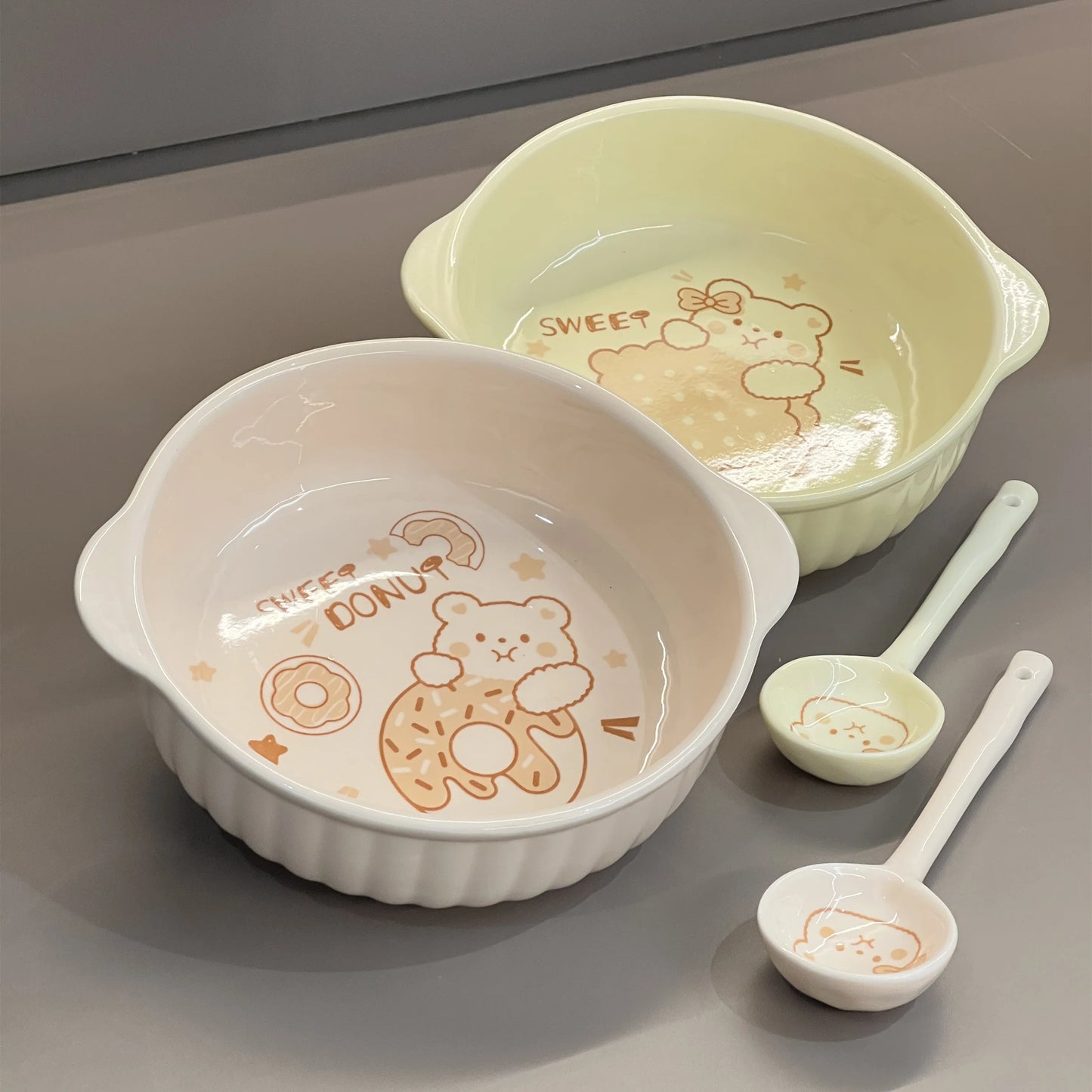 Large-Capacity Ceramic Bowl Set with Handles & Spoon for Kitchen