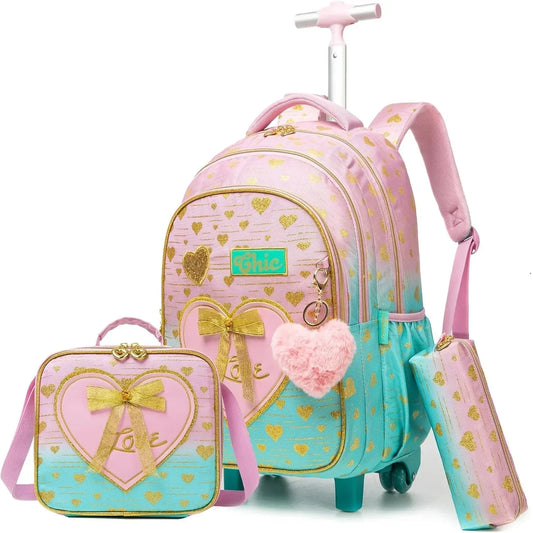 Set de Mochila Escolar Impermeable con Ruedas de 3 Piezas para Niñas