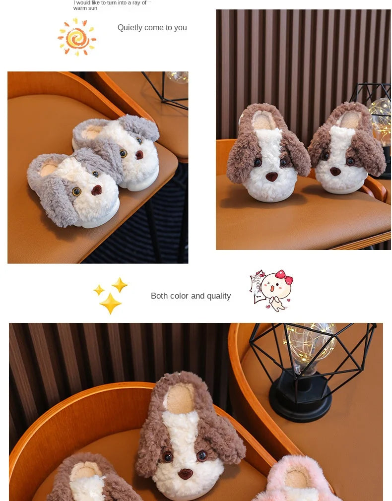 Cute Puppy Plush Slippers for Kids | Non-Slip Cozy Footwear