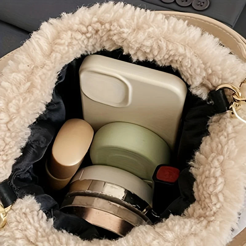 Fashionable Mini Plush Crossbody Bag - Soft Bucket Bag for Women