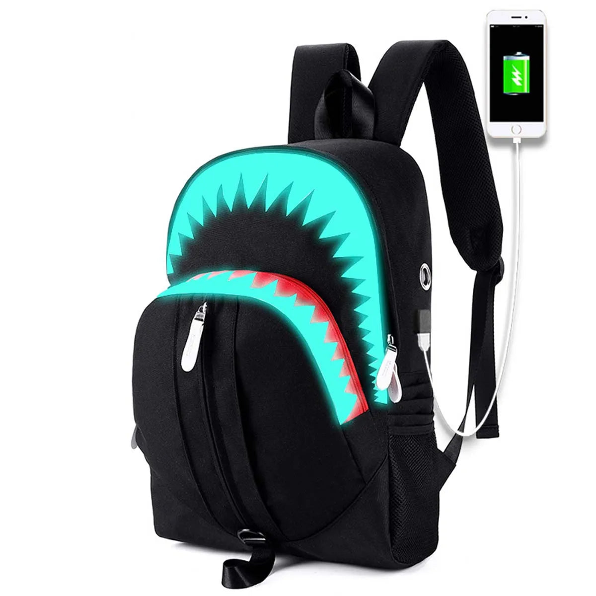 Luminous Shark Mouth Backpack | USB Laptop Travel Bag for Teens
