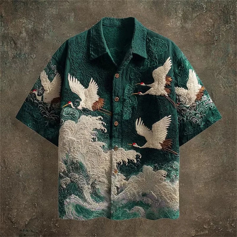 Men's Casual Short Sleeve Shirt | Dark Green Crane Pattern Fabric
