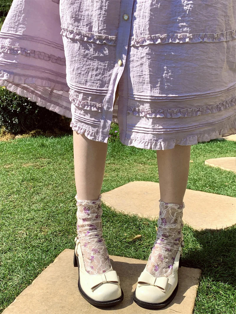 Stylish Korean Lace Flower Long Socks for Women | Breathable Comfort