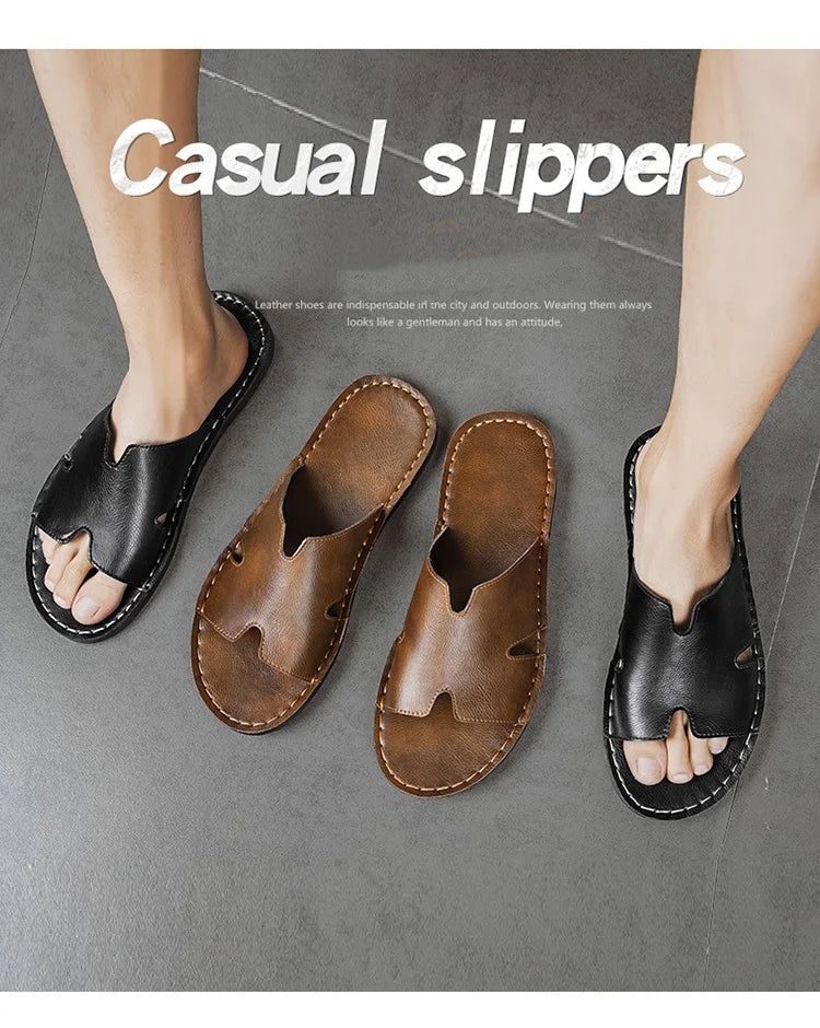 Men's Luxury Leather Slippers | Non-Slip Casual Wear for Summer