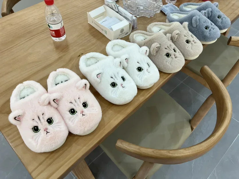 Cute Cat Fluffy Platform Slippers | Furry Plush Indoor Shoes
