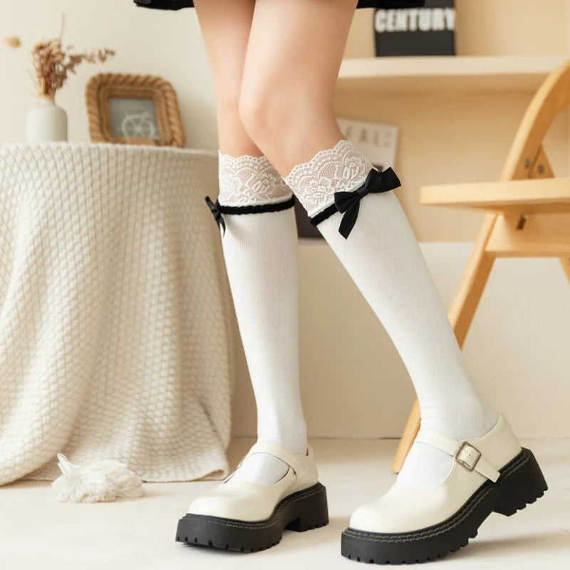 Elegant Japanese Lolita Mid-Tube Socks | Bow & Lace Design