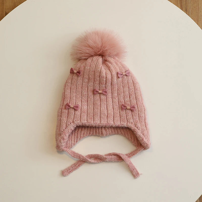 Warm Winter Hat for Girls | Cute Kids Bonnet with Pompom & Bows