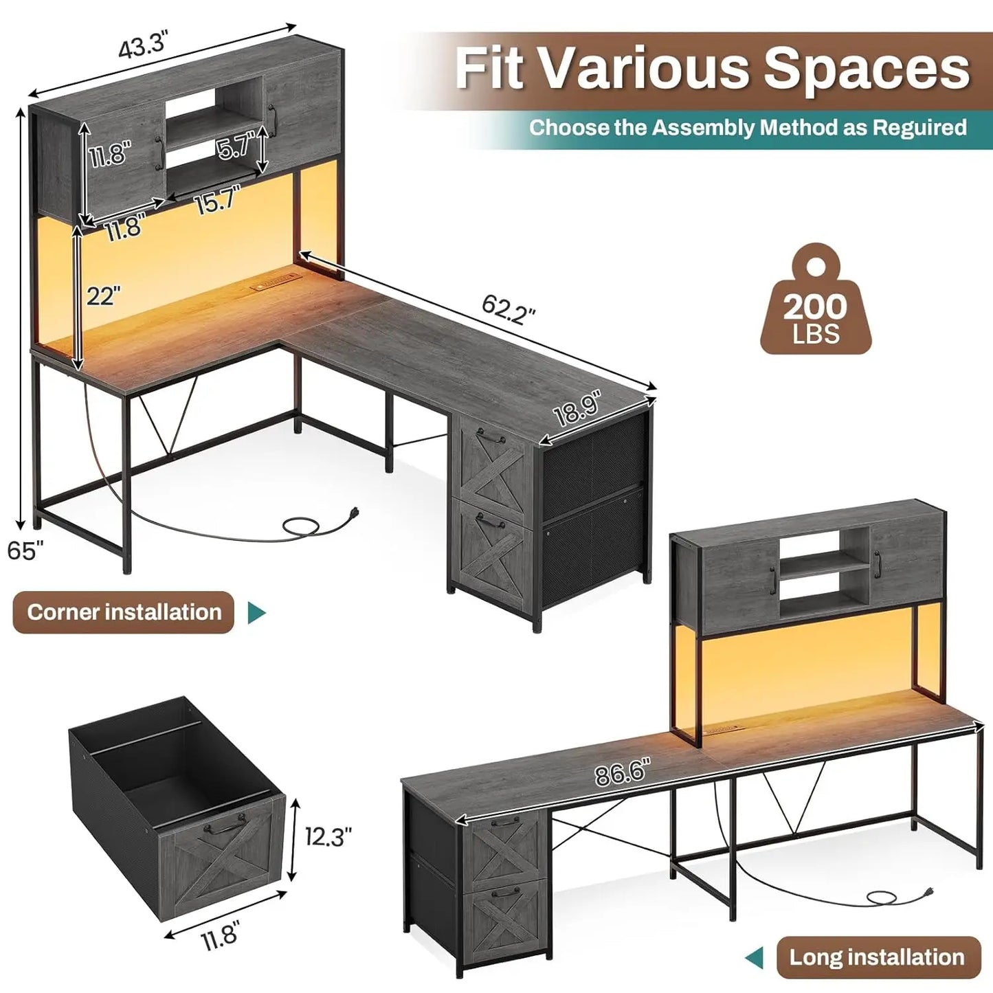 L-Shaped Gaming Desk with LED Lights & Storage Solutions