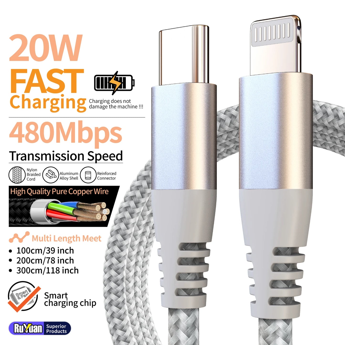 MFI Certified Fast Charging USB-C to Lightning Cable | 20W Nylon Braided