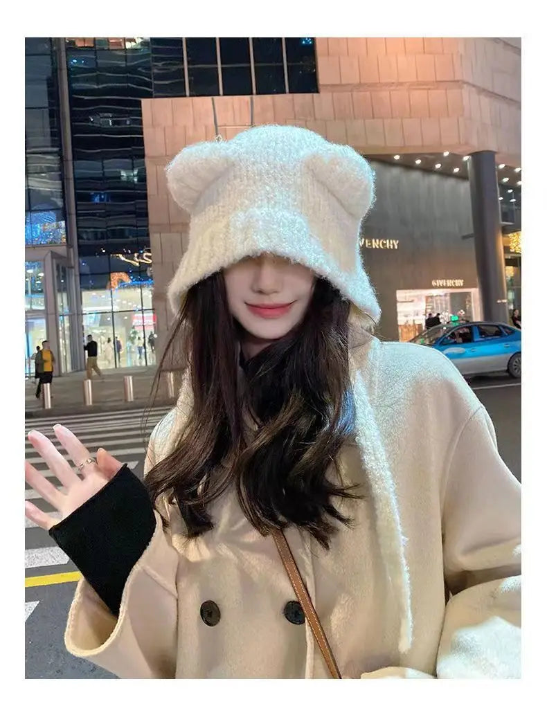 Women's Cute Bear Ear Plush Beanie | Cozy Winter Bomber Hat