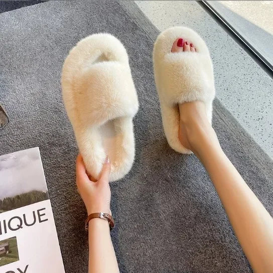 Cozy Double Fur Cross-Strap Plush Slippers | Warm Indoor Footwear