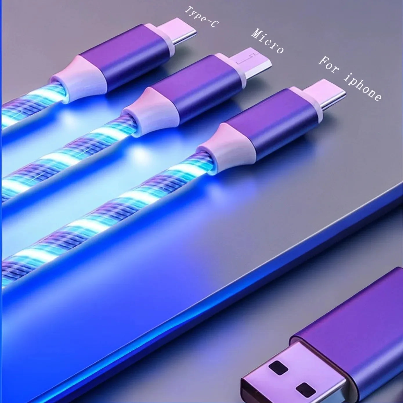 3 IN 1 Glowing LED Light Phone Charger | Luminous USB Type C Cable