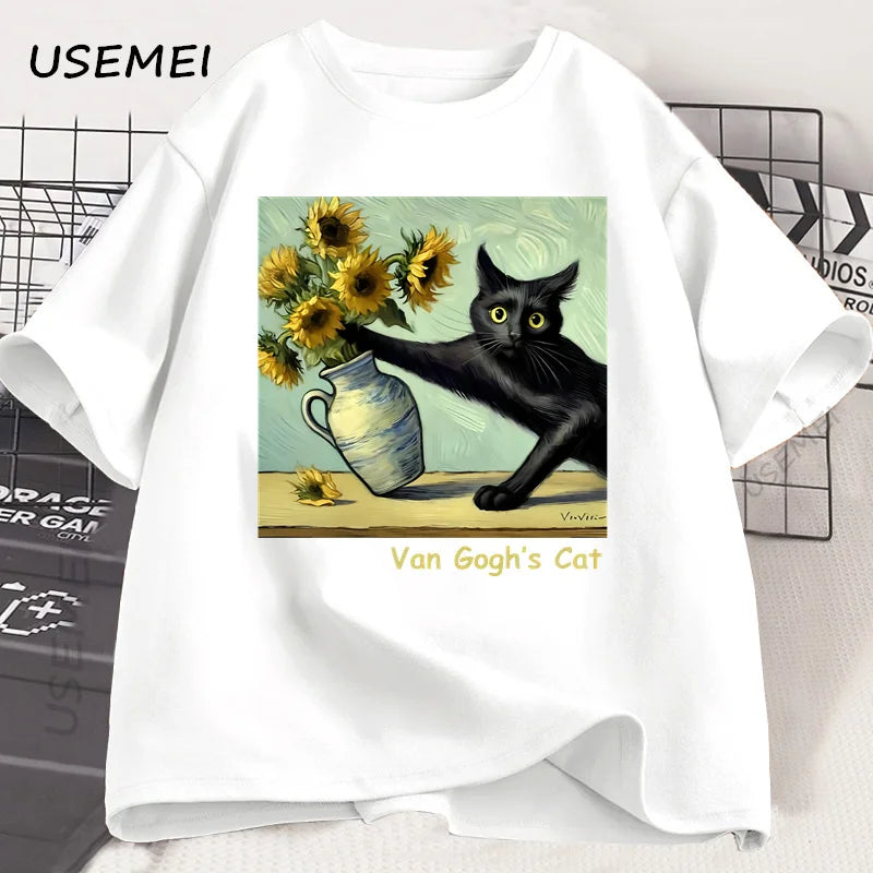 Funny Cat Art Print T-Shirt | Trendy Summer Short Sleeve Tee