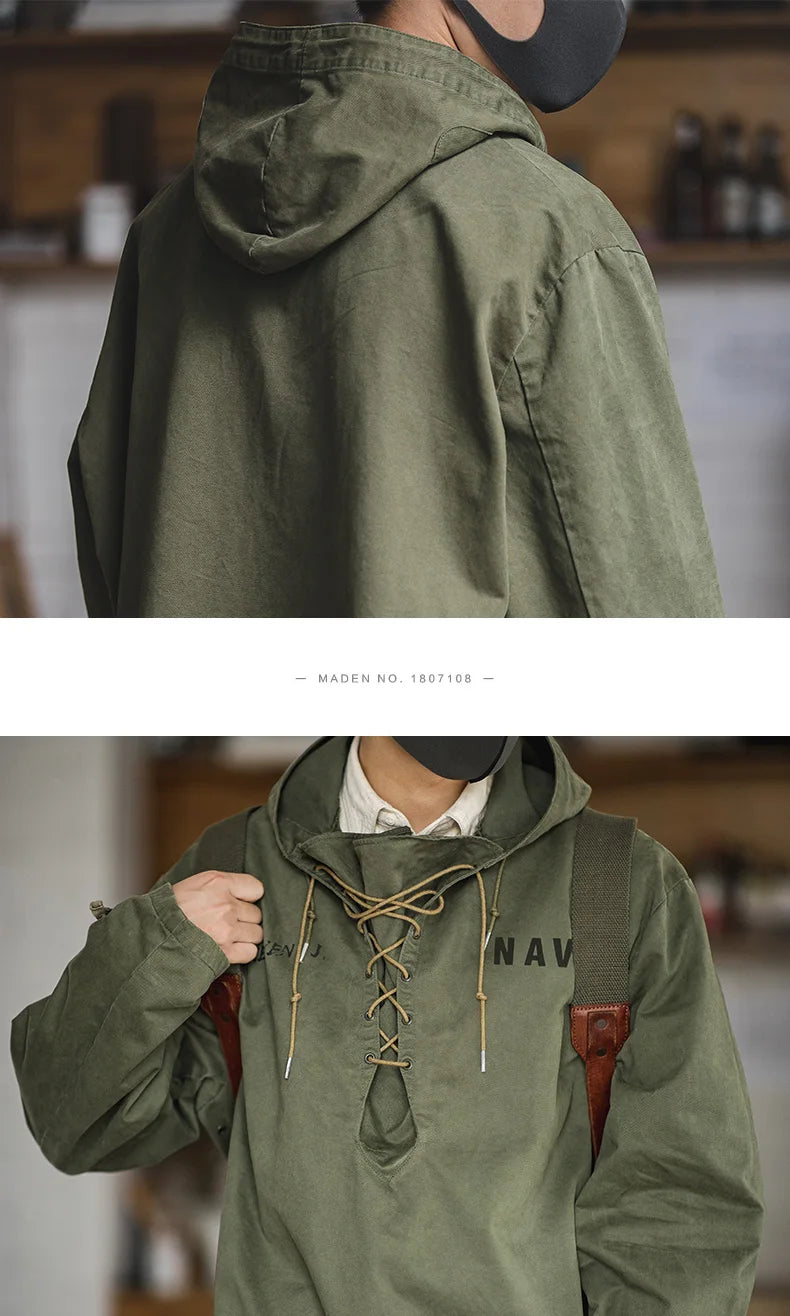 Men's Retro Green Hooded Sweatshirt | Stylish Adjustable Windbreaker