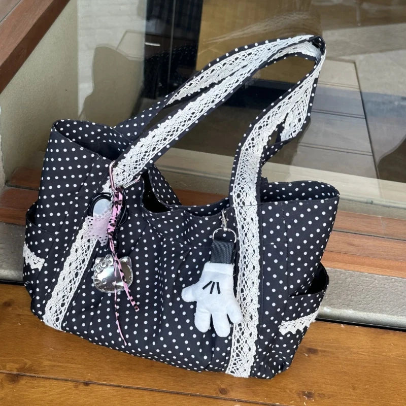 Bolso de mano de lona con lunares vintage | Espacioso y elegante
