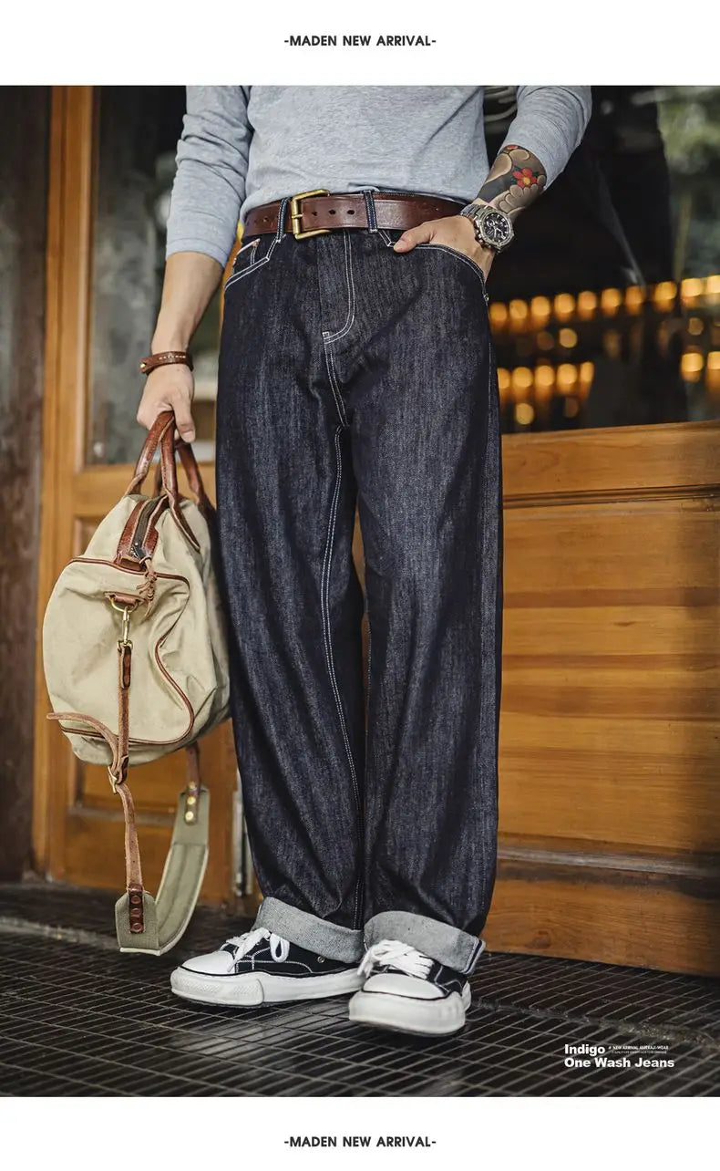 Men's Vintage One-Washed Denim Jeans | Casual Wide Leg Trousers