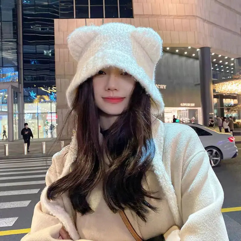 Women's Cute Bear Ear Plush Beanie | Cozy Winter Bomber Hat