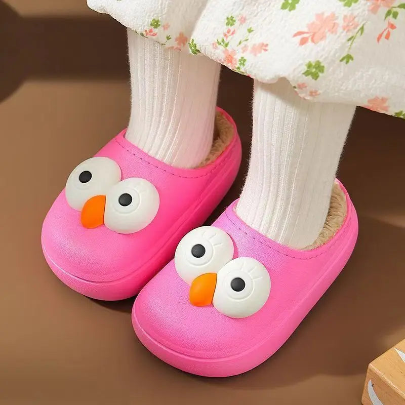 Kids 3D Big Eyes Animal Print Plush Slippers | Cozy Winter Shoes