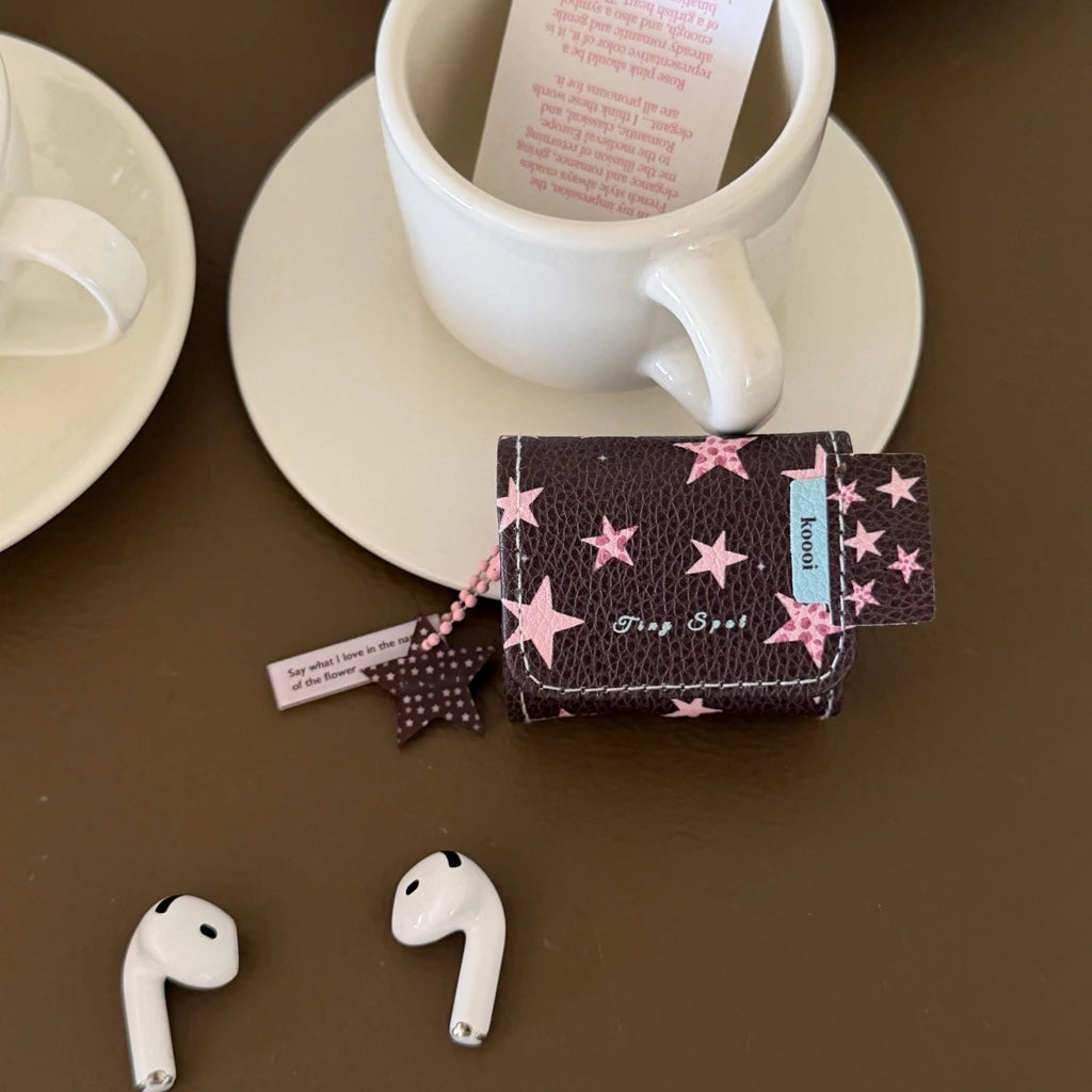 Chic Leather Earphone Case | Stylish Retro Blue Grid Design