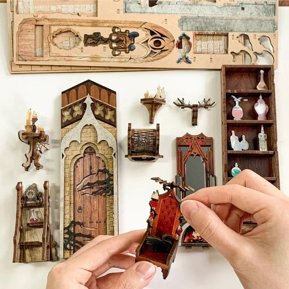 Kit de rincón de lectura de castillo en miniatura para montar | Encantadora experiencia de manualidades