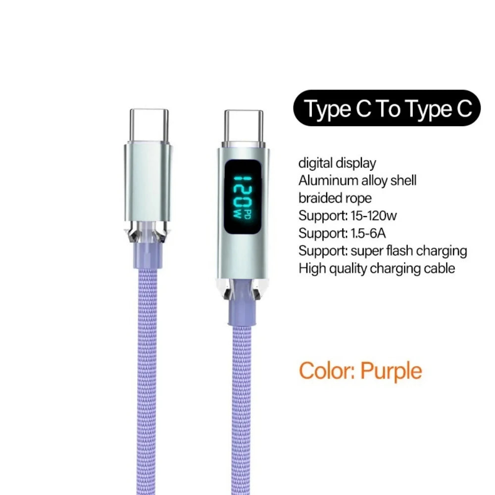 120W USB A to Type C Fast Charging Cable with LED Display