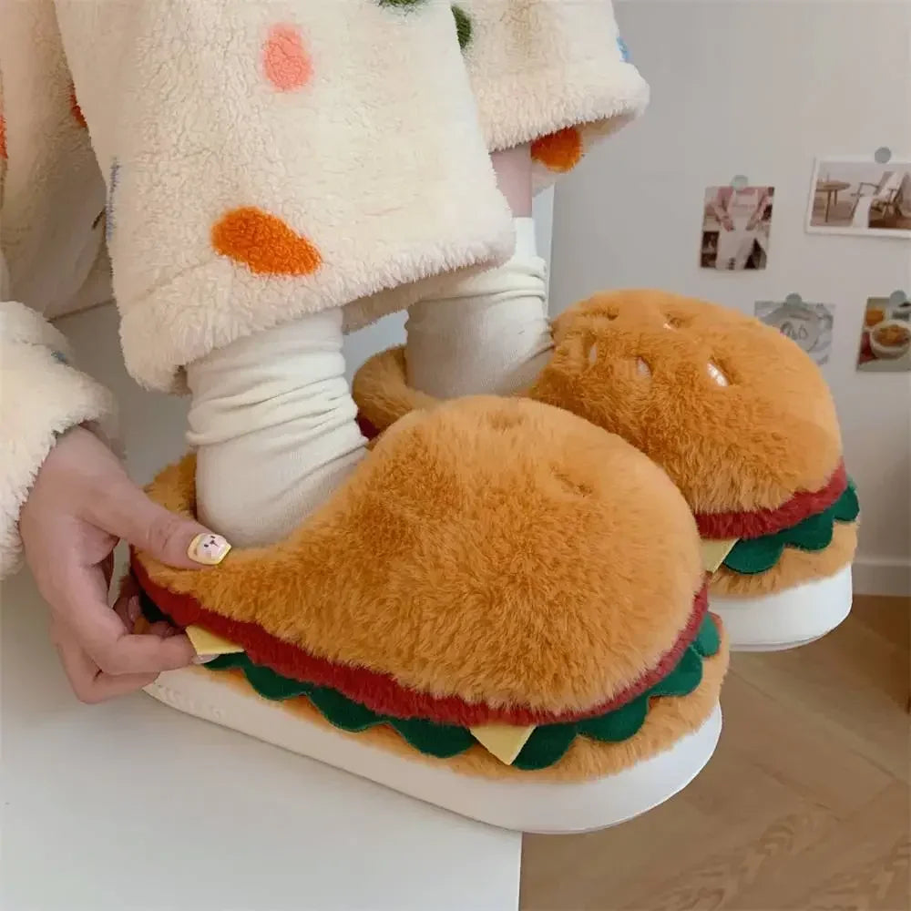 Cute Hamburger Plush Slippers | Warm & Cozy Indoor Footwear