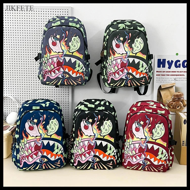 Stylish Shark Mouth Print Backpack | Versatile School & Travel Bag