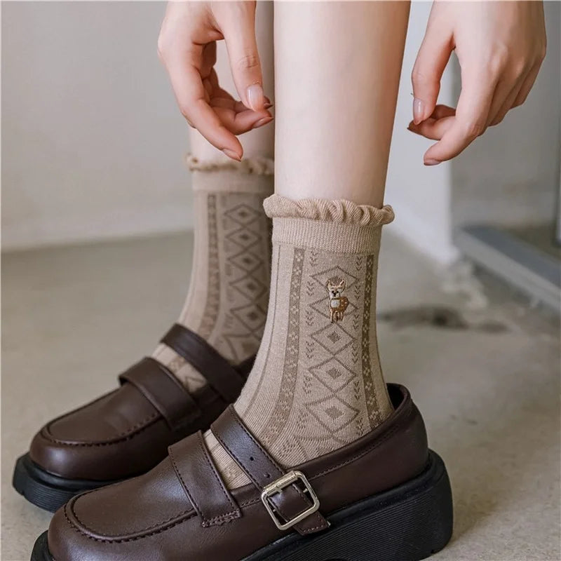 Cute Women's Floral Embroidered Crew Socks | Vintage-Inspired Style