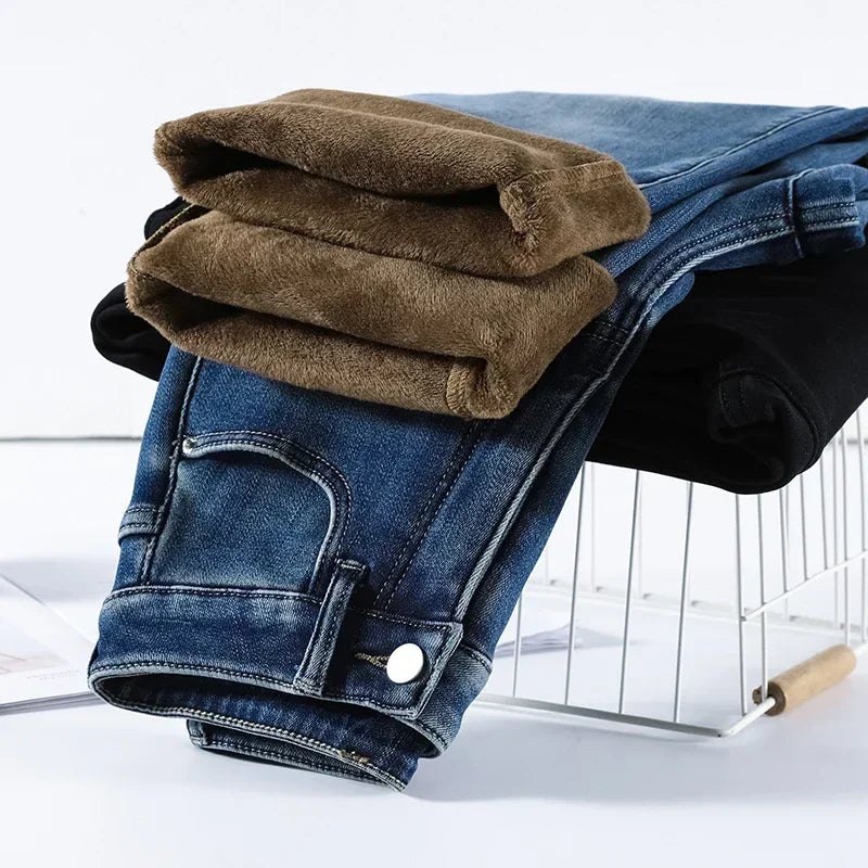 Women's Thickened Velvet Straight Jeans | Warm Fleece Pants