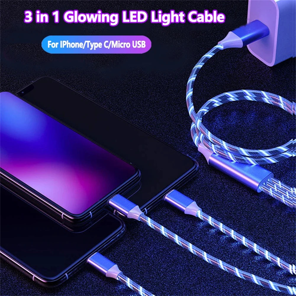 Glowing LED Light USB 3 in 1 Fast Charging Cable for Phones