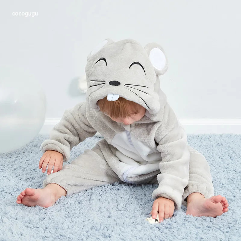 Cute Warm Gray Mouse Romper for Babies | Cozy Winter Pajamas