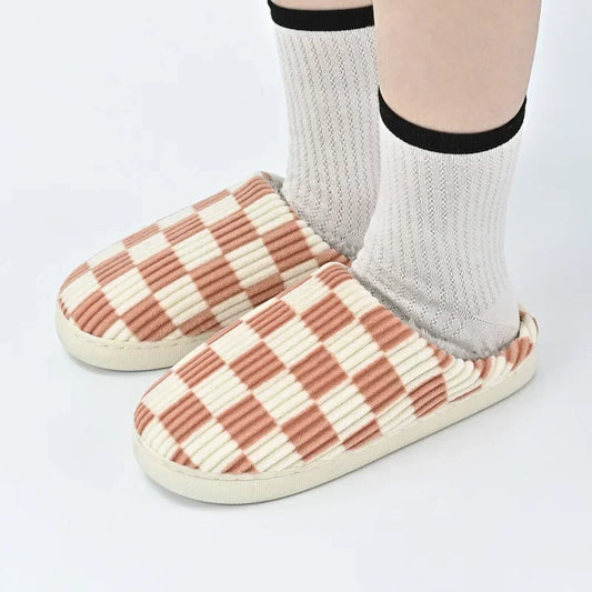 Pantuflas de algodón afelpadas a cuadros para parejas | Zapatillas de casa acogedoras para el invierno