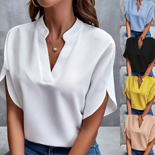 Women's Summer Solid Color Casual V-Neck Short Sleeve Shirt