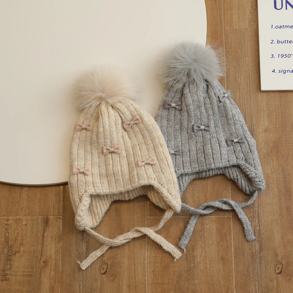 Warm Winter Hat for Girls | Cute Kids Bonnet with Pompom & Bows