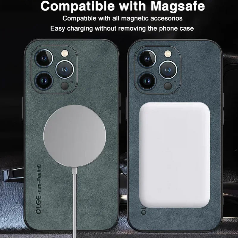 Luxury Leather Shockproof Phone Case for iPhone | Magnetic Charging