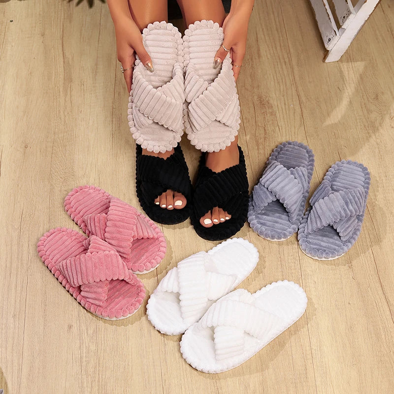 Women's Corduroy Cross Band Plush Slippers | Warm Cozy House Shoes