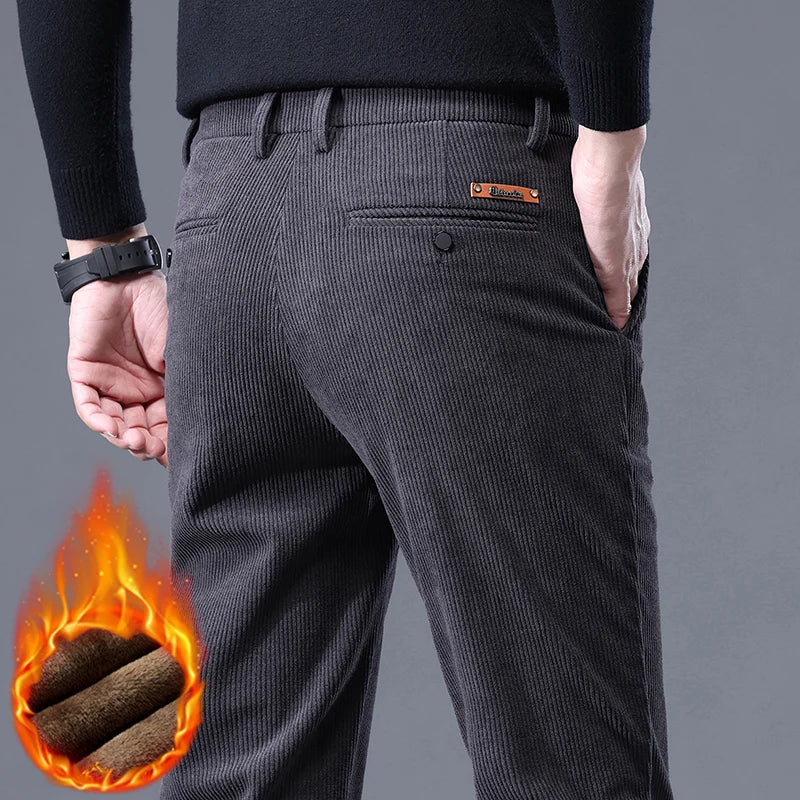 Men's Thick Fleece Corduroy Pants | Winter Warm Business Casual Trousers