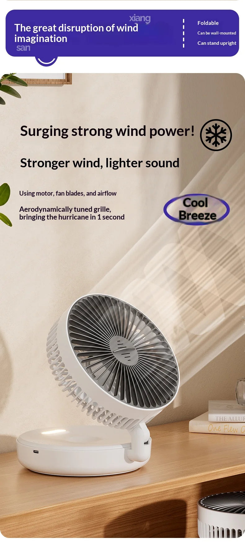 5000mAh Foldable Glow-in-the-Dark Portable Wall Mount Fan