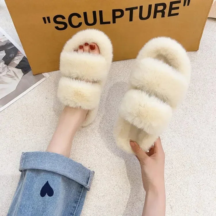 Cozy Double Fur Cross-Strap Plush Slippers | Warm Indoor Footwear