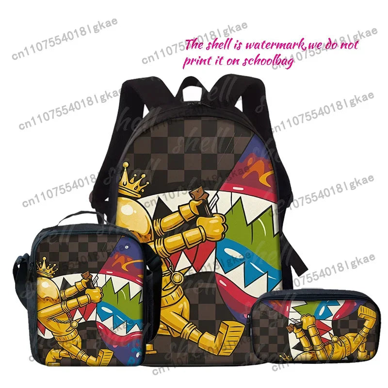 3pcs Crocodile Mouth Print Backpack Set | Lightweight Travel Bags
