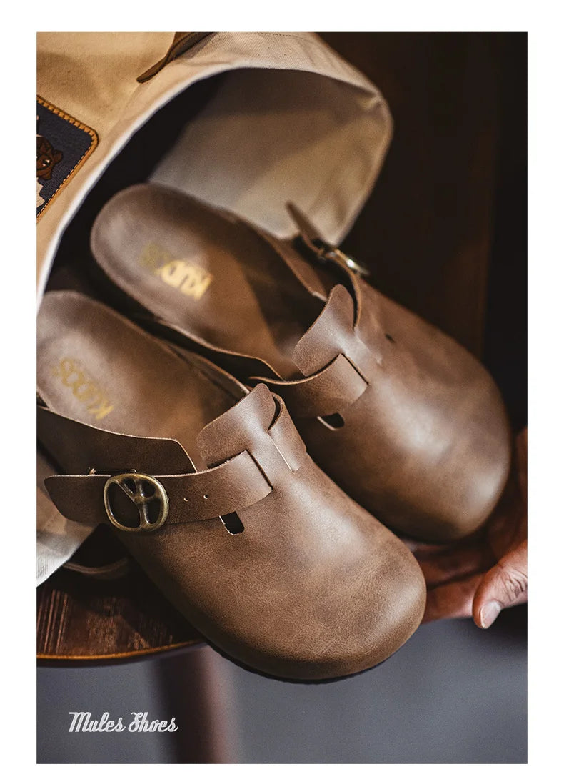 Men's Vintage Brown Leather Mules | Comfortable Slide-On Slippers