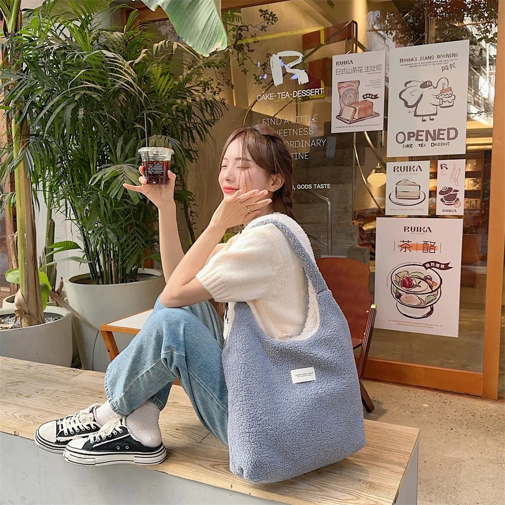 Reversible Plush Shoulder Bag for Women | Warm Fabric Tote