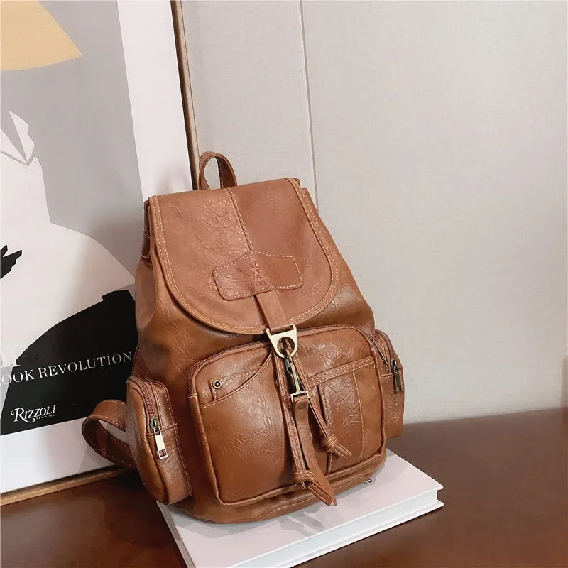Vintage Leather Backpack for Women | Chic & Spacious School Bag
