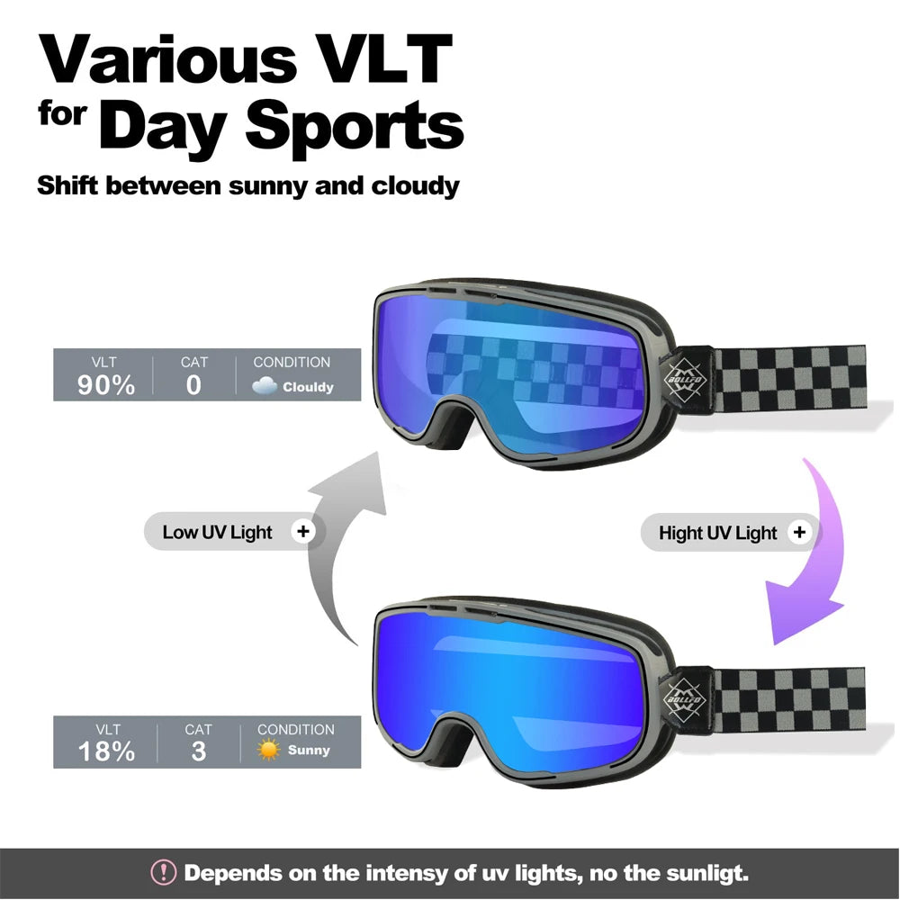 BOLLFO Photochromic Motorcycle Goggles Motorbike Eyewear OTG UV Protection Auto-tinting ATV Glasses Windproof Dirt Bike Goggles
