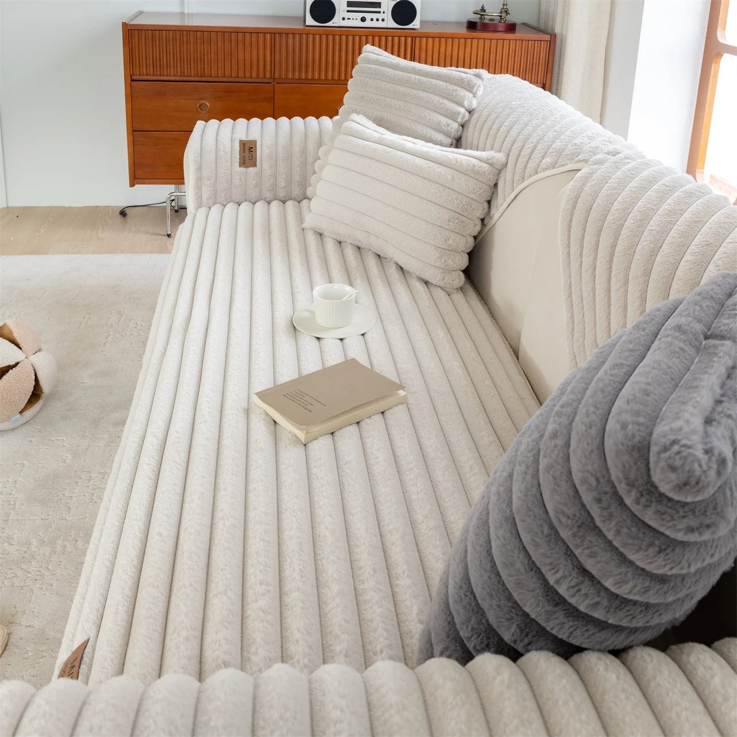 Stripe Imitation Rabbit Fur Plush Sofa Cover | Non-Slip Couch Slipcover