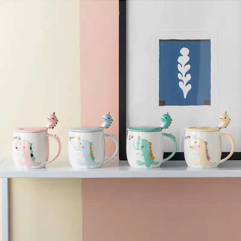 Dinosaur Cartoon Ceramic Mug with Lid & Spoon | Fun Breakfast Cups