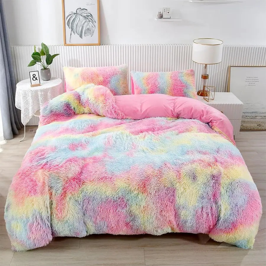 Pink Faux Fur Rainbow Tie-Dye Comforter Set | Cozy Bedding for Girls