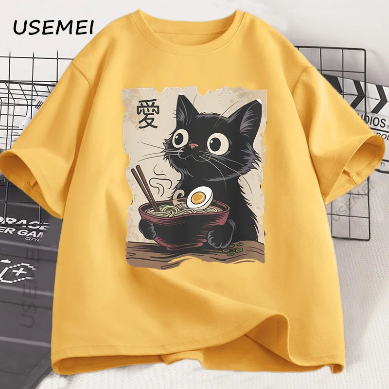 Funny Cat Ramen Graphic Tee | Kawaii Anime Cat T-Shirt