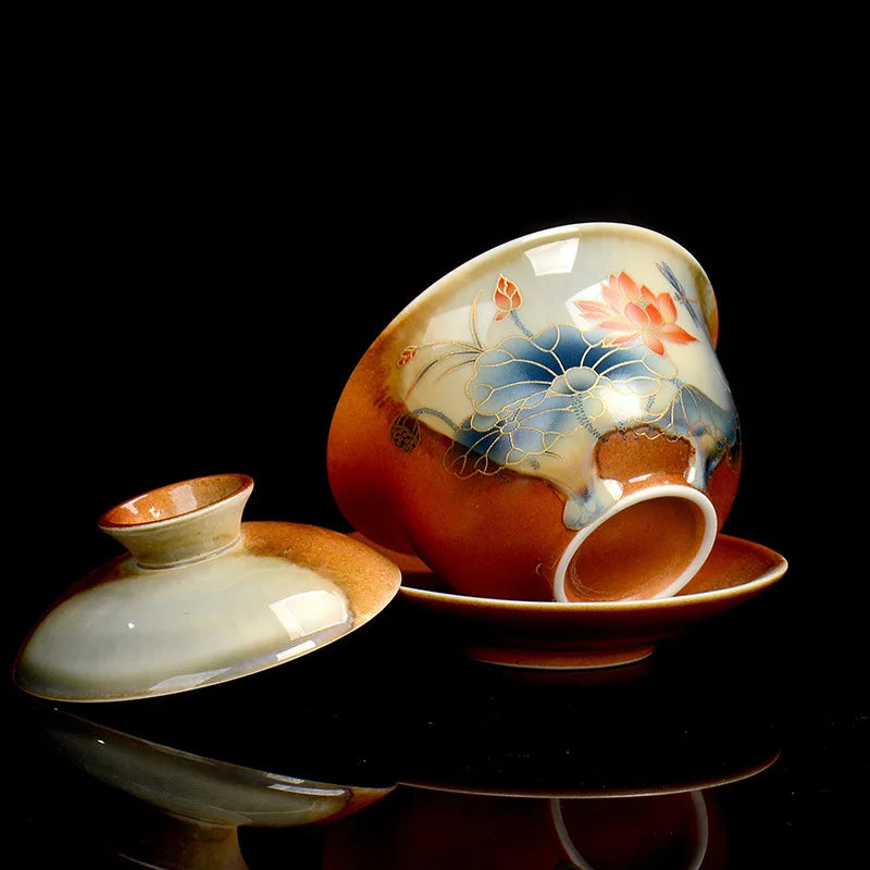 Hand Painted Lotus Gaiwan Tea Tureen | Vintage Ceramic Teacups