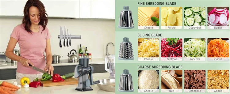 Versatile 3-in-1 Rotary Cheese Grater | Manual Vegetable Slicer